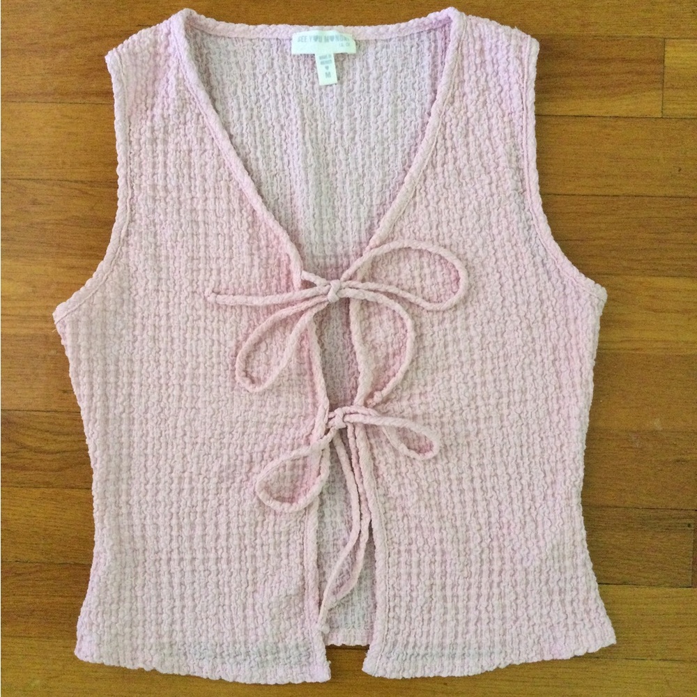 See You Monday pink front string tie, sleeveless top, size M